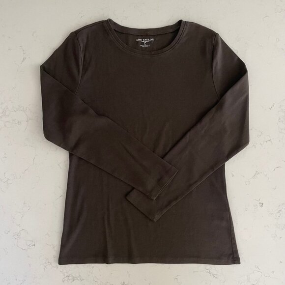 Ann Taylor Casual Pull On Lg Slv Crew Neck 100% Cotton Top Chocolate Brown Sz L - Picture 2 of 9